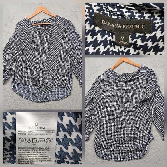 Banana Republic Tops - Banana Republic Women's Blouse Size M Navy White Houndstooth Long Sleeve